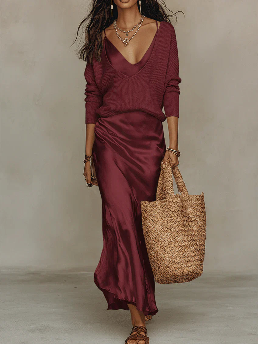 Amélie | Robe Midi Satinée Élégante avec Pull Assorti