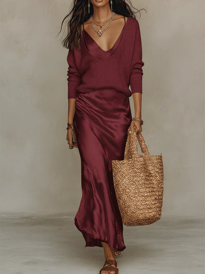 Amélie | Robe Midi Satinée Élégante avec Pull Assorti